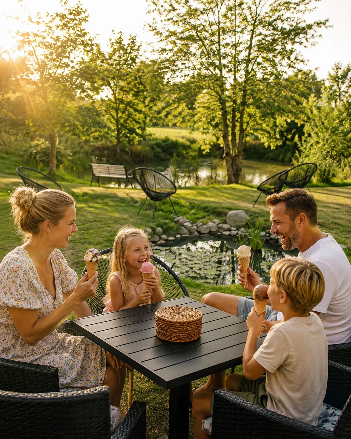 Familie, der nyder is ved vandet i Kohavegaards have