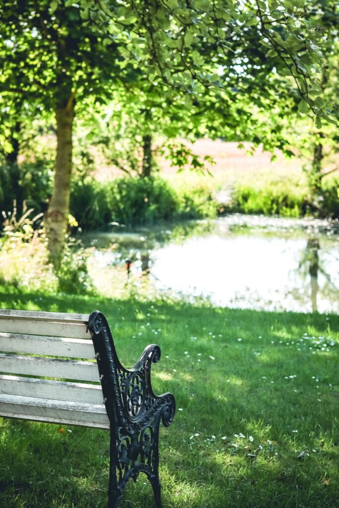 Bænk ved den lille sø i Kohavegaards have